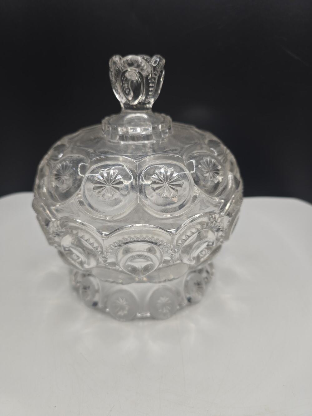 Vintage LE Smith Moon & Stars Glass Candy Dish with Lid 1960s